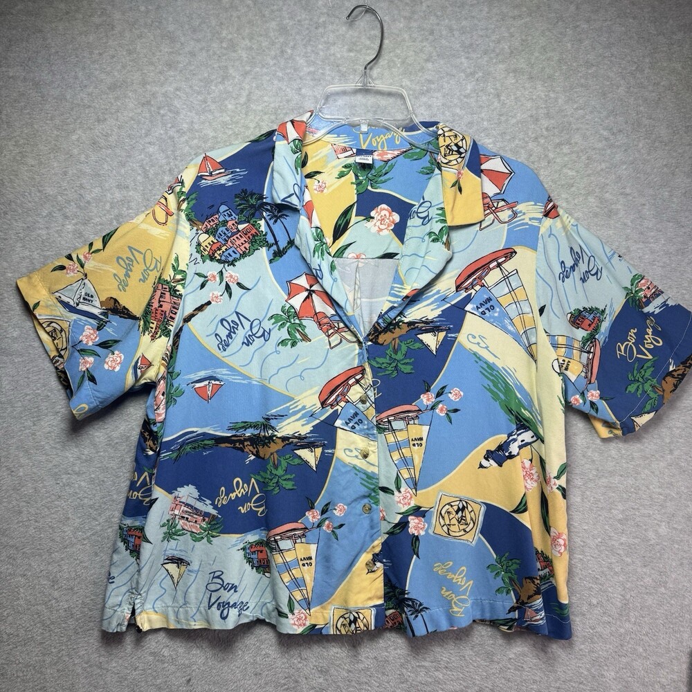 Tropical Shirt Bon Voyage Island Vacation Women's Large Button‎ Up Cropped Top